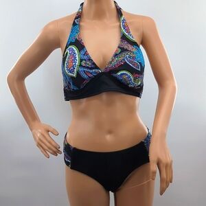 Blue/Black Paisley Print Bikini, Halter Top D cup